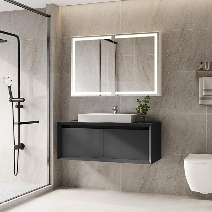 Hasuit Lighted Medicine Cabinet with Mirror, Wall Mounted Bathroom Mirror with Storage, 2 Doors Bathroom Wall Cabinet with LED Lights, 35.4'' x 23.6''