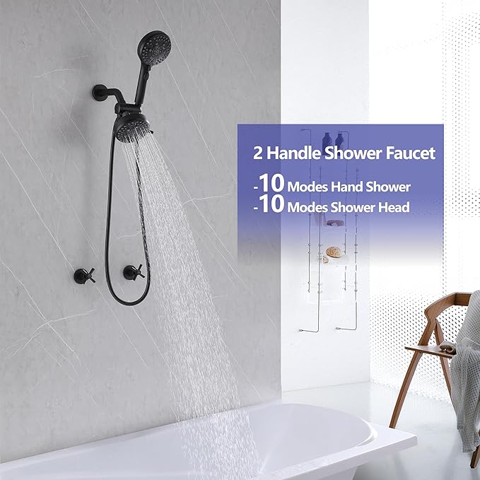 2 Handle Shower Faucet Shower System Complete 2 in 1 Shower Combo Set with Handheld Showerhead Shower Trim Kit Wall Mounted Shower Fixtures Matte Black