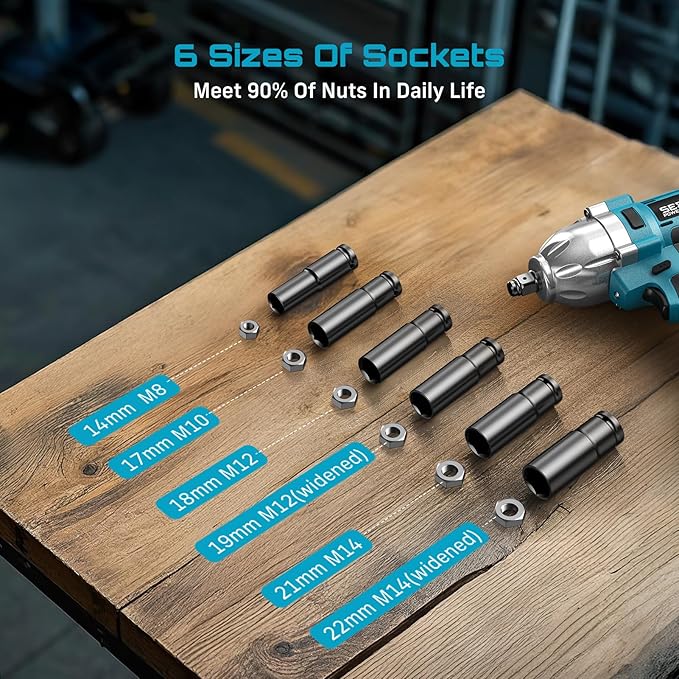 Seesii Impact Wrench 665 FT-LBS(900N.m) 3300IPM 1/2 Impact Gun High Torque Electric Cordless Impact Wrench with 21V 1x4.0Ah Battery 6 Sockets and Case for Home Car Truck Tire Lug Nut Removal Tool Set