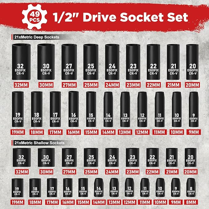 1/2" Drive Impact Socket Set 49 Piece, Standard and Deep Metric Socket (9-25mm, 27, 30, 32mm), Includes Extension Bars, Universal Joint and Adapter, 6 Point Design,Cr-V steel