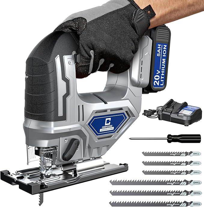 Jigsaw Compatible With Dewalt 20v Max Battery, Cordless jig saw Brushless Motor, 0°- 45° Bevel Cuts, LED Light with 3 Position Orbital Setting for Cutting (With 5Ah Battery & Charger Station Kit)