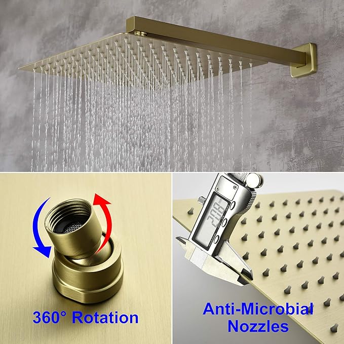 SHAMANDA Shower System with Waterfall Tub Spout and Handheld Shower Head, 12" Rain Shower Faucet Sets Complete with Shower Round-in Valve and Trim Wall Mount, Brushed Gold, L101-3