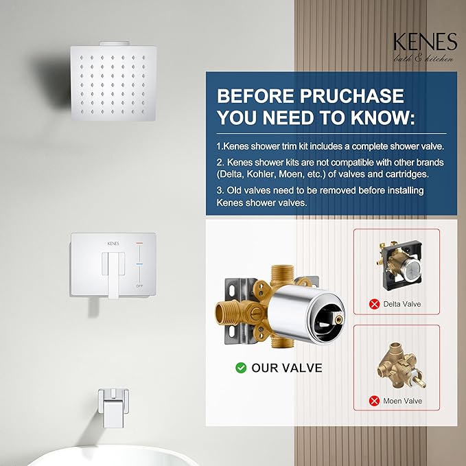 KENES Polished Chrome Tub and Shower Trim Kit, Modern Shower Faucet with Single-Spray Square Stainless Rain Shower Head, Shower Trim Chrome, KE-6025A-5 (Shower Valve Included)