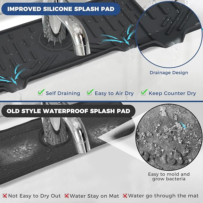 Silicone Faucet Handle Drip Catcher Tray Mat, Silicone Faucet Mat, Dish Soap Sponge Holder for Kitchen Sink Accessories, Drying Mat for Kitchen Counter & Bathroom Kitchen Sink Splash Guard (Black)