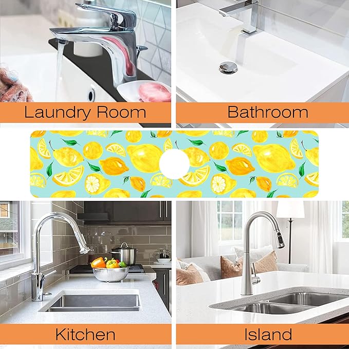 Kitchen Sink Splash Guard Faucet Mat Watercolor Lemon Citrus Sink Splash Guard Behind Faucet,1 PC Soft Diatom Mud Non-Slip Mat-for Kitchen,Dish Drying Mat,Bathroom Faucet Mat 23.5""X5.5""
