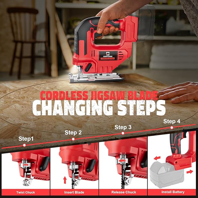 Jigsaw Compatible With Milwaukee 18V, Cordless jigsaw tool, Brushless Motor, 0°- 45° Bevel Cuts, LED Light with 3 Position Orbital Setting for Straight/Curve/Bevel/Circle Cutting (NO Battery)