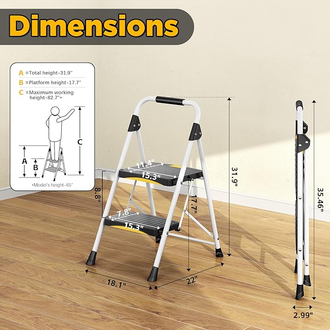 2 Step Ladder, Folding Steel Step Stool with Safety Lock, Anti-Slip Wide Pedals, Pass 800lbs Load Testing, Handrail, Heavy Duty Portable Ladder for Multi-Purpose, Indoor, Office, Kitchen