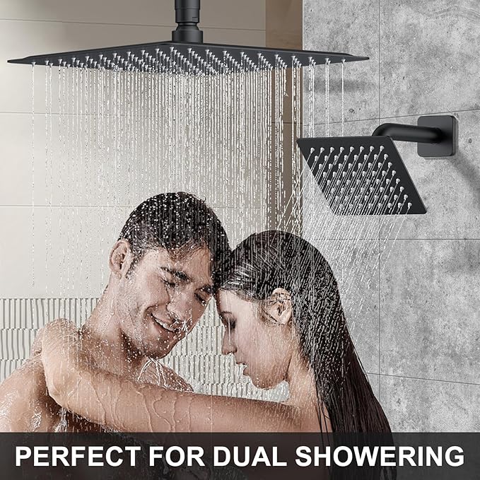 KOJOX Matte Black Thermostatic Shower System, Push Button Diverter Shower Faucet Set with 12" Ceiling Mount Rain Shower, 6" Wall Mount Shower Head, and 4-in-1 Handheld Spray