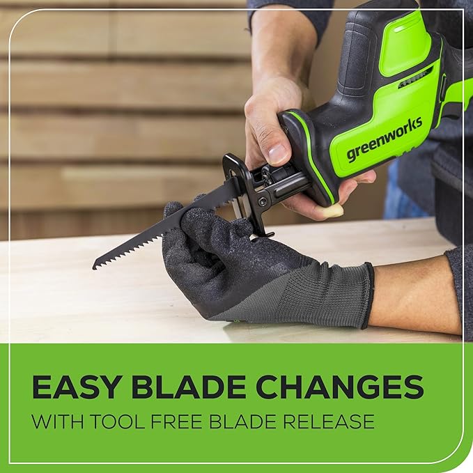 Greenworks 24V Brushless Cordless Reciprocating Saw,1" Compact One-Handed Recip Saw(3,000 SPM),Variable Speed, 2.0Ah Battery and Compact Charger Included, RSG404