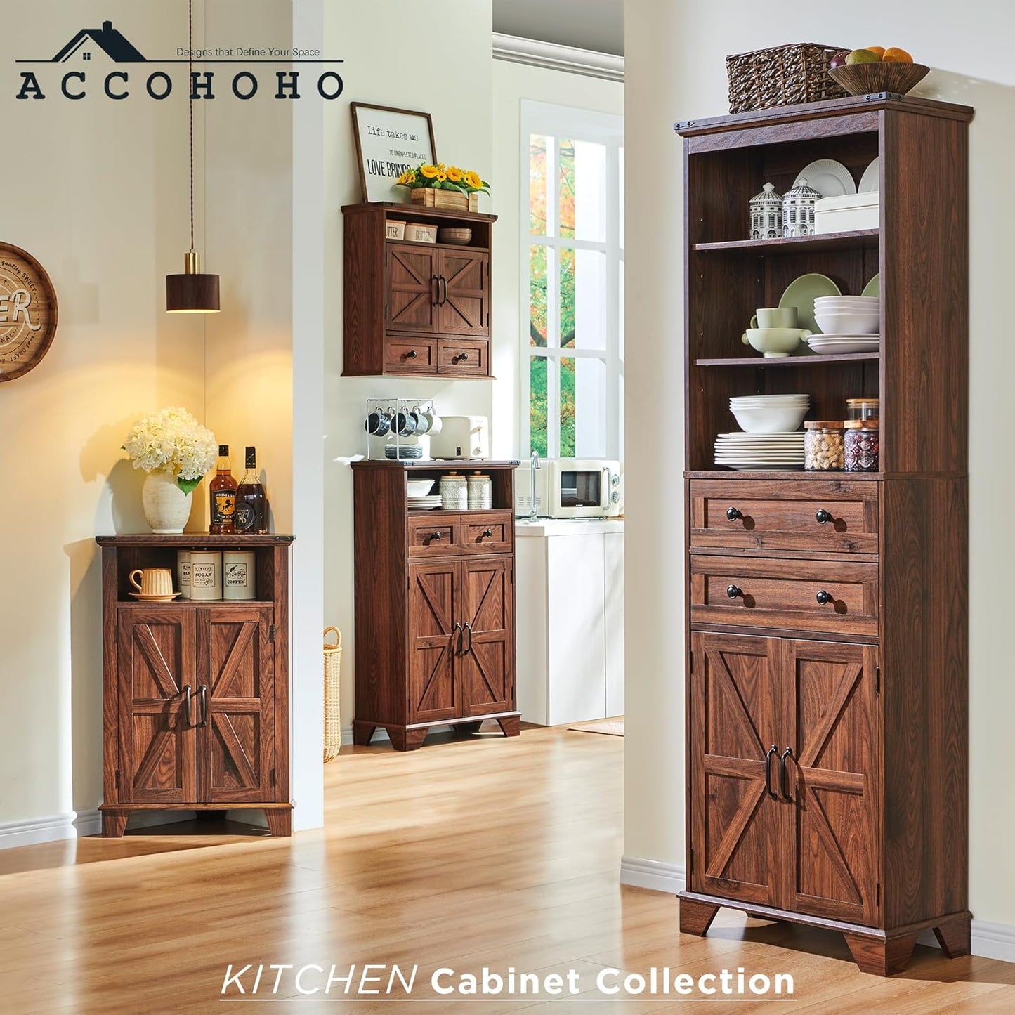 Farmhouse Bathroom Storage Cabinet, 24" Wide Floor Cabinet w/Barn Doors, Adjustable Shelf & Drawer, Cabinets for Bathroom, Kitchen, or Living Room, Brown