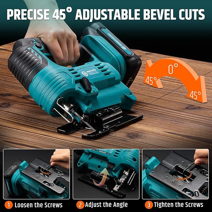 Cordless Jig Saw with Brushless Motor, 3 Adjustable Speed Settings, 45°-90° Cutting Angle, Compatible with T-Shaped Blades, Includes Dust Blowing Feature(With Battery and Charger)