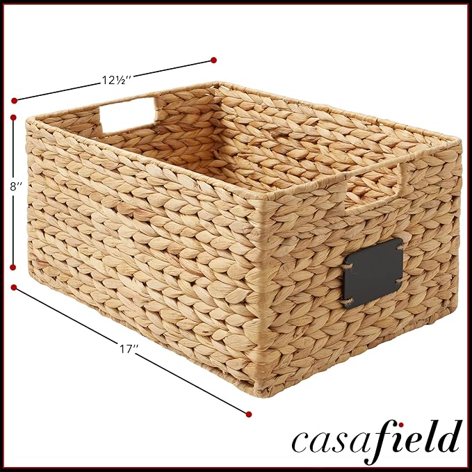 Casafield Set of 2 Water Hyacinth Pantry Baskets, 12-1/2" x 17" x 8", with Chalkboard Labels and Chalk Marker - Natural, Woven Storage Bin Organizers for Kitchen Shelves