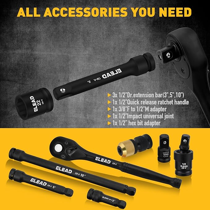 ELEAD 67 Piece 1/2" Drive Deep Impact Socket Set: Standard SAE (3/8"-1-1/4") & Metric (8-24 mm), Including 3 ", 5", 10" Extension Bar, Universal Joint, Ratchet Handle and Adapter