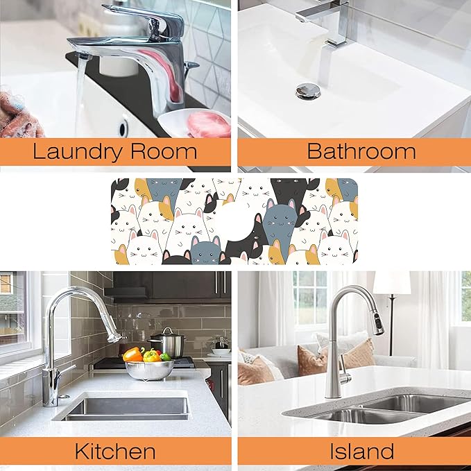 Kitchen Faucet Mat Cute Cartoon Kitten Family Kitchen Sink Splash Guard Faucet Mat,1 PC Splash Guard Behind Faucet Drip Catcher for Kitchen,Dish Drying Mat,Bathroom Faucet Mat 15.5""X5.5""