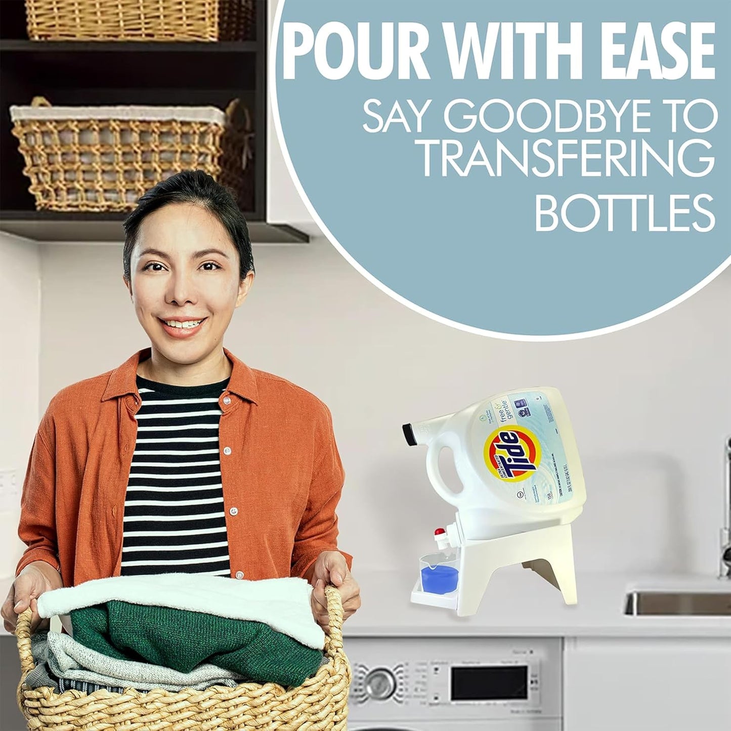 TidyFriend 3 Pack Laundry Detergent Dispenser with Tray & Strap, Laundry Soap Dispenser with Non-Slip Rubber Feet for Washing Room Organization, Easy Pour (White)