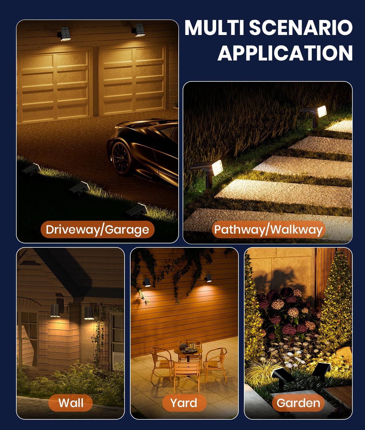 Solar Spotlights Outdoor Waterproof IP67,4 Pack Adjustable Wall&Ground Solar Lights Powered with 3 Colors, 3 Modes, Dusk to Dawn for Pathway/Garden/Yard/Patio/Driveway/Landscape Lighting Outside Decor