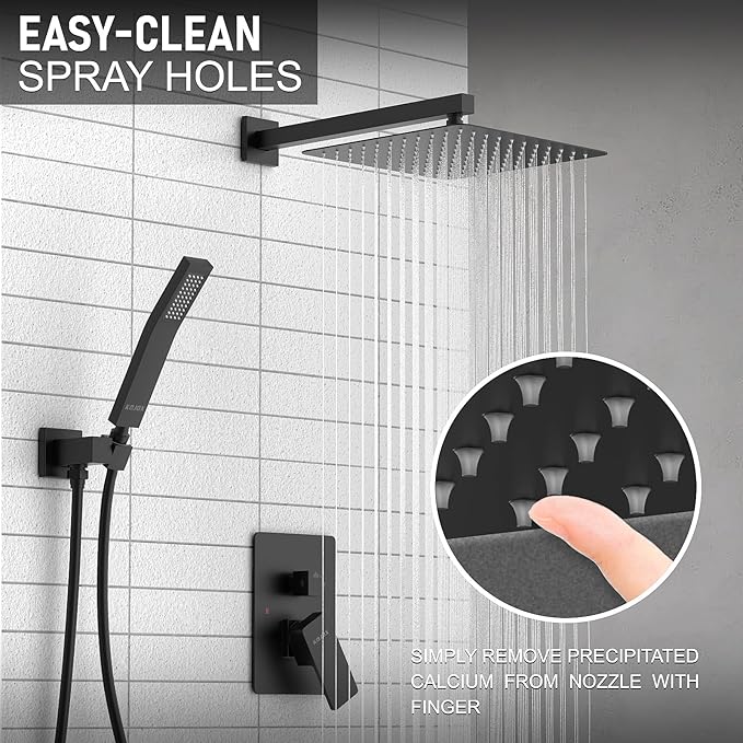 KOJOX Shower System with High Pressure 10'' Rainfall Shower Head, Handheld Shower head and Shower Faucet Trim valve, Bathroom Luxury Rain Mixer Shower Combo Set Wall Mounted Matte Black