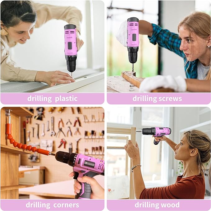 Cordless Drill Set, 12V Power Drill Set with Battery and Charger, 3/8'' Keyless Chuck, 21+1 Torque Setting, 180 inch-lbs, Pink Electric Drill for Women's Garden DIY Projects(Pink)