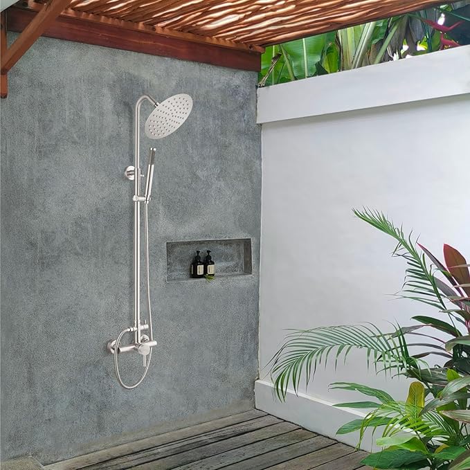 gotonovo SUS304 Outdoor Shower Fixture High Pressure Shower System Wall Mount 2 Dual Function Single Handle Shower Kit with 8 Inch Shower Head and Handheld Spray Shower Faucet Combo, Brushed Nickel