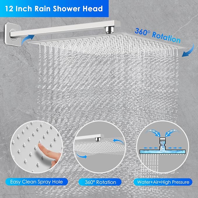 Shower Faucet Set - 12" Brushed Nickel Shower Head and Handle Set : Ceiling Rainfall Shower System with Square Rain Shower Head and High Pressure Handheld Spray Combo, Shower Valve and Trim Kit