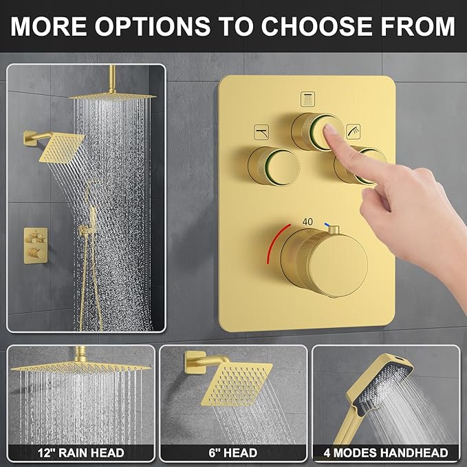 KOJOX Brushed Gold Thermostatic Shower System, Push Button Diverter Shower Faucet Set with 12" Ceiling Mount Rain Shower, 6" Wall Mount Shower Head, and 4-in-1 Handheld Spray