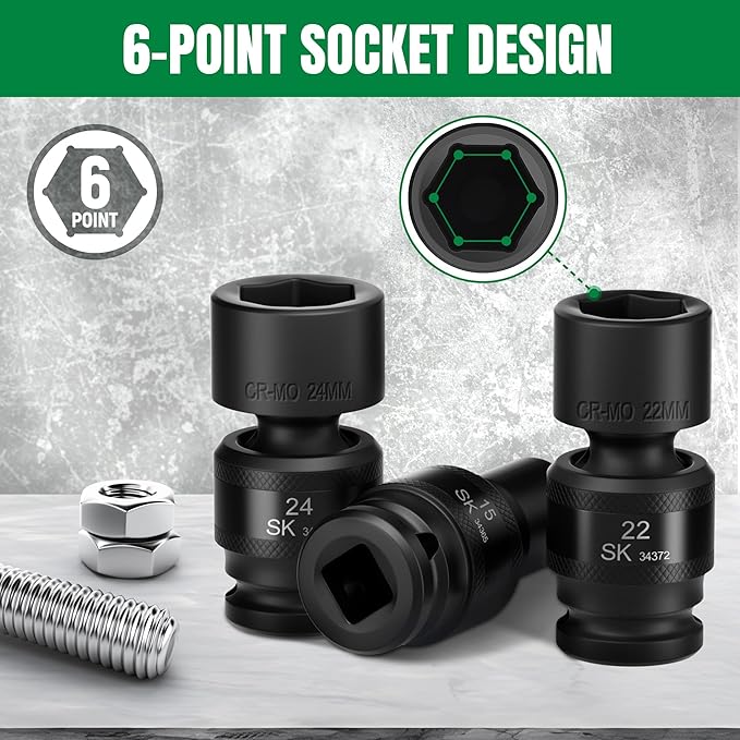 SK 1/2" Drive Universal Swivel Impact Socket Set, Metric Socket Set, 15-Piece, Premium CR-MO Steel, SureGrip 6 Point Design, with Storage Case