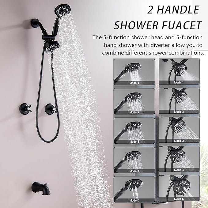 2 Handle Shower Faucet Set with Tub Spout Matte Black Two Handle Tub and Shower Faucets Sets Complete 2 Knod Tub and Shower Trim Kit