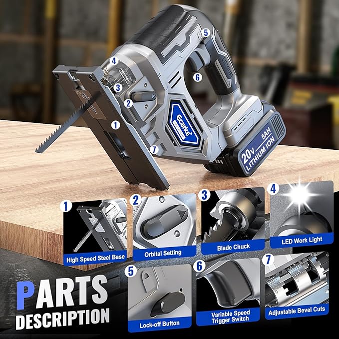 Cordless Jigsaw Tool Compatible with Dewalt 20V Battery, Variable Speed, LED Light, 0°-45° Bevel Cuts, 3-Position Orbital Action, Brushless Motor for Cutting (With 5Ah Battery & Charger Station Kit)