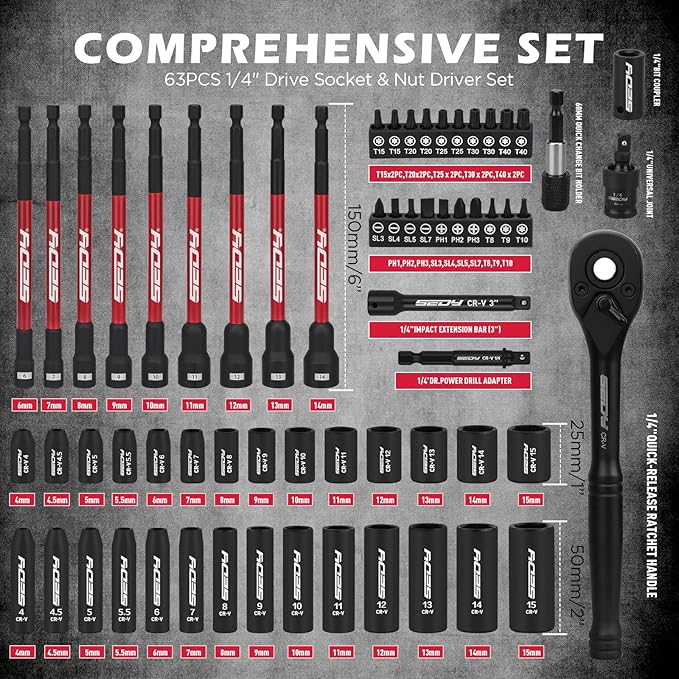 63-Piece Metric 1/4" Drive Socket Set & Nut Driver Set, Impact Standard & Deep Socket Set (4-15mm), 1/4" Hex Shank 6" Magnetic Nut Drivers, Extension Bar, Quick-Release Ratchet handle, Universal Joint