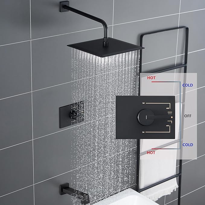 Black Shower Head and Handle Set, Shower Faucet Set with 8-Inch Rain Shower Head and Tub Spout, Single-Handle Shower Trim Kit(Valve Included)