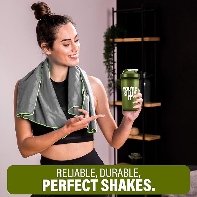 Shaker Bottles for Protein Shakes 24oz, Plastic Bottle for Pre and Post Workout, Protein Shaker Bottle with Wire Whisk Ball, Shaker Cup, Dishwasher Safe (YOU'RE KILLIN IT, GREEN)