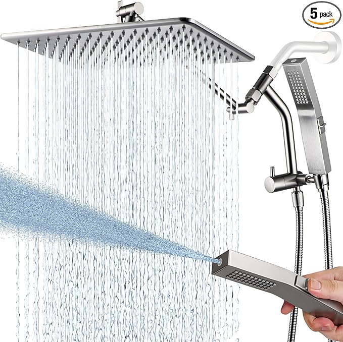G-Promise All Metal 14 Inches Rain Shower Head with Handheld Built-in Power Wash Mode, 3-way Diverter with Pause Setting, 11 Inches Adjustable Extension Arm, Long Hose (Brushed Nickel, 14 Inches)