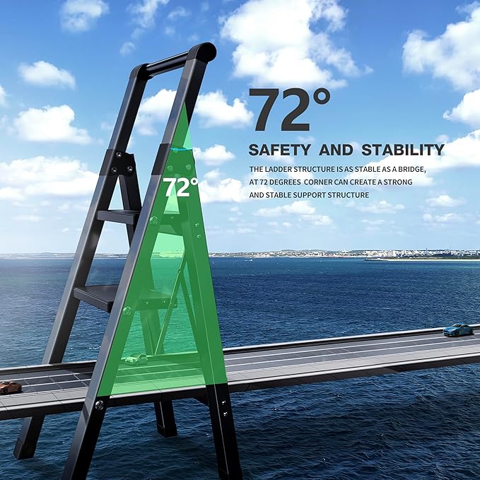 3 Step Ladder,Folding Step Stool with Aluminum Wide Pedal& Convenient Handgrip,330lbs Capacity Steel Ladder for Household and Office(Black)