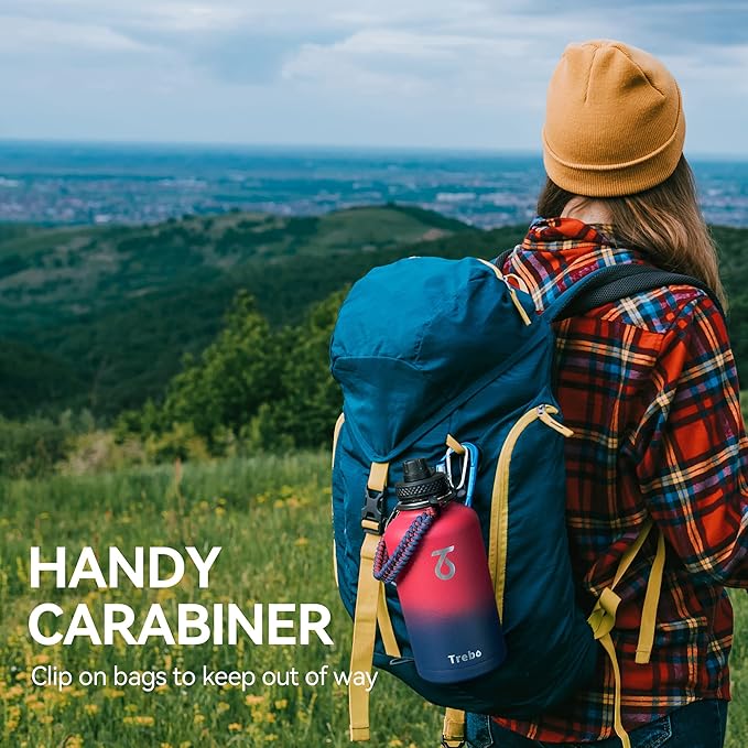 Trebo Half Gallon Water Bottle with Paracord Handle 64oz Wide Mouth Insulated Double Wall Stainless Steel Large Sports Flask Keep Hot 24 Hours & Cold 48 Hours Water Jug with 3 Lids Ombre: Ruby Red