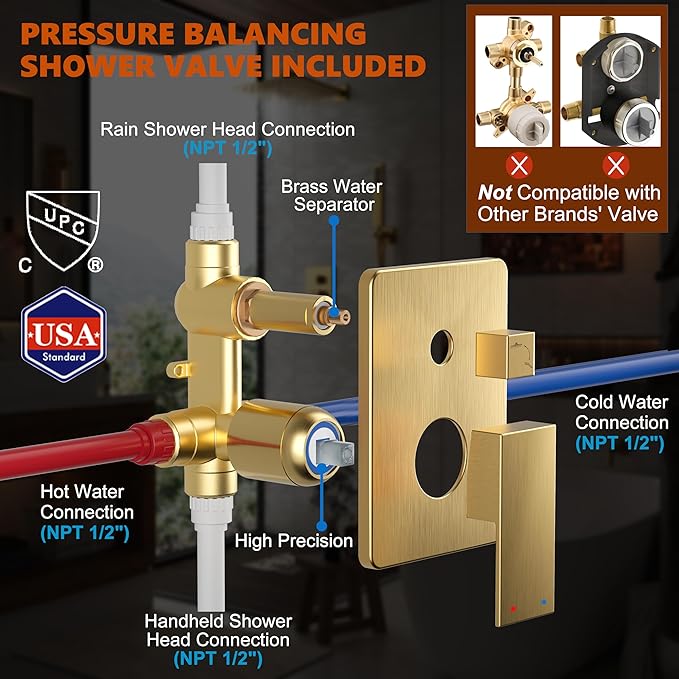 Gold Shower System, 10'' Square Rainfall Shower Head with Handheld Combo Spray, Bathroom Brushed Gold Shower Faucet Set with Valve, 59'' Shower Hose, Shower Trim Kit and Diverter, Wall Mounted