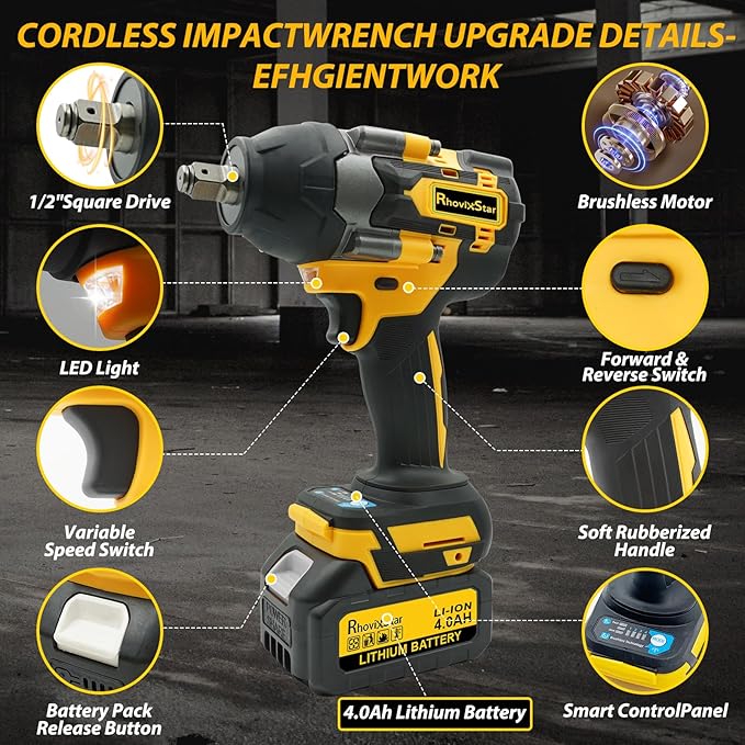 20V MAX Cordless Impact Wrench, 1/2" Brushless Motor High Torque Impact Gun, Variable Speed, Compatible with Ma kita Battery (Tool Only, No Battery and Charger Included)