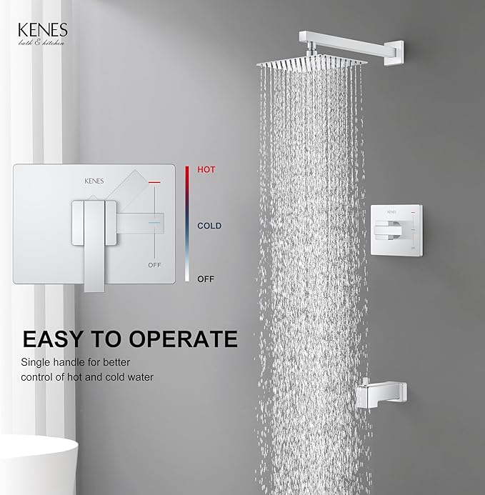 KENES Polished Chrome Tub and Shower Trim Kit, Shower Faucet with 8-Inch Rain Shower Head, Modern Single-Spray Shower Faucet Set, KE-6024A-5 (Shower Valve Included)