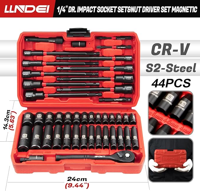 LLNDEI 1/4" Drive Socket Set & Nut Driver Set 44PCS, 1/4-Inch Sockets Deep&Shallow Metric(4-15mm) with Ratchet, 1/4" Hex Shank 6" Long Nut Drivers(6-14mm) for Impact Drill Bits(PH1 PH2)
