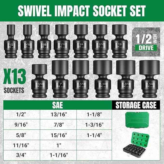 SK 1/2" Drive Universal Swivel Impact Socket Set, SAE Socket Set, 13-Piece, Premium CR-MO Steel, SureGrip 6 Point Design, with Storage Case