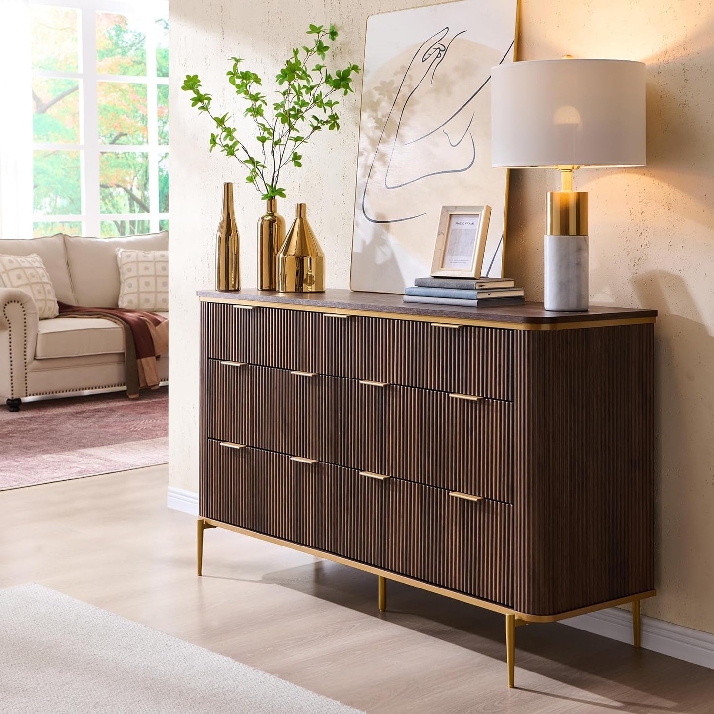 T4TREAM Fluted 7 Drawers Dresser for Bedroom, 54" Wide Modern Dresser TV Stand, Gold Accents, Fluted Fronts, Wood Storage Dressers Organizer for Bedroom, Living Room, Dark Walnut