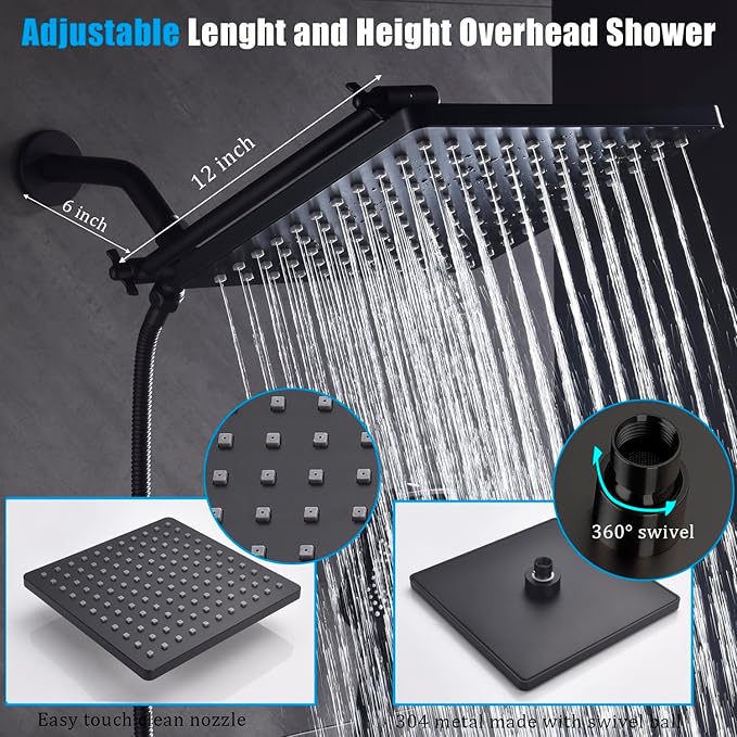 Shower Faucet Set Matte Black Rough-in Anti-Scald Pressure Balanced Valve Body Modern Luxury Wall Mounted 10 Inch Rain Mixer Shower System (Matte Black)