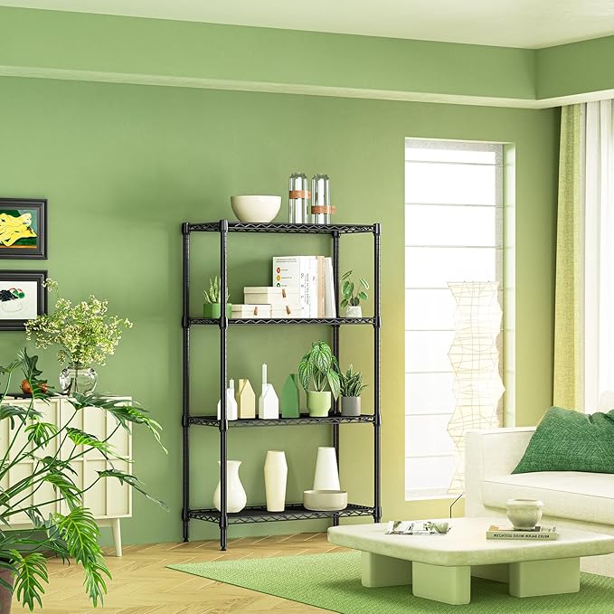 IZEUK 4-Tier Black Metal Storage Shelves, Heavy Duty Adjustable Wire Shelving Rack for Garage, Kitchen, Bathroom, Closet Organizer, 1000 lbs Capacity, 15.7" D x 33.5" W x 59.5" H