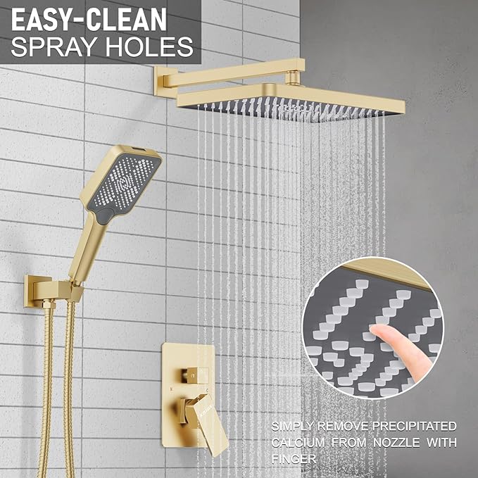 Shower System 13-Inch Rainfall Shower Head - 3 Setting Handheld Sprayer, Complete Bathroom Set with Faucet Mixer Trim Kit & Valve Brushed Gold