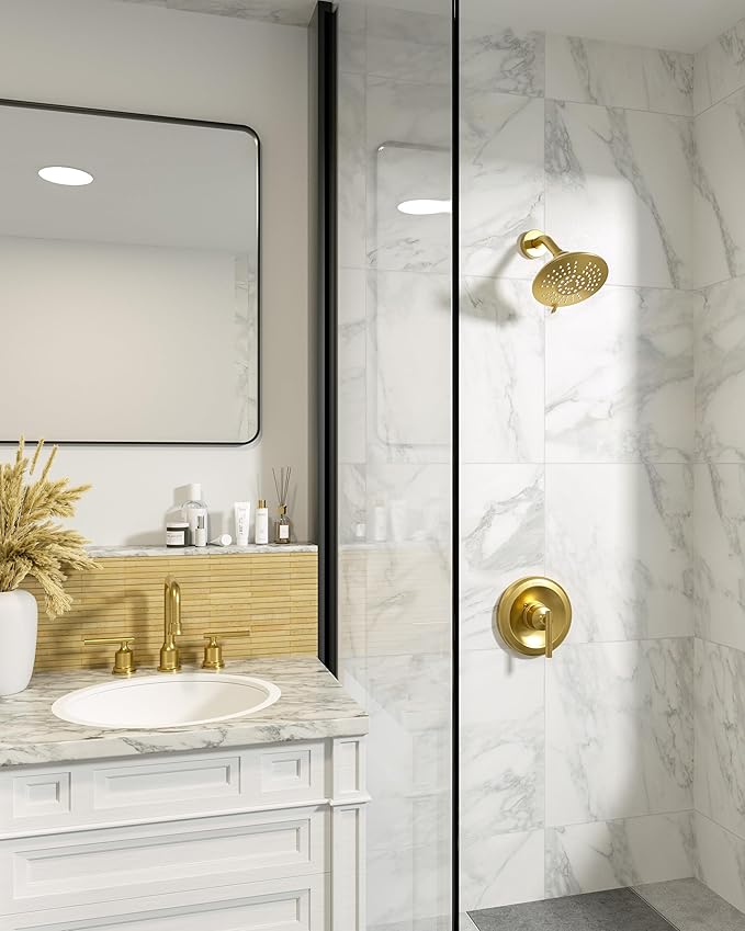 Bathroom Shower Faucet Set Gold: WOWOW Shower Combo Set with 6-Inch Rain Shower Head, Single Handle Shower Trim Kit Modern Shower System High Pressure (Valve Include)