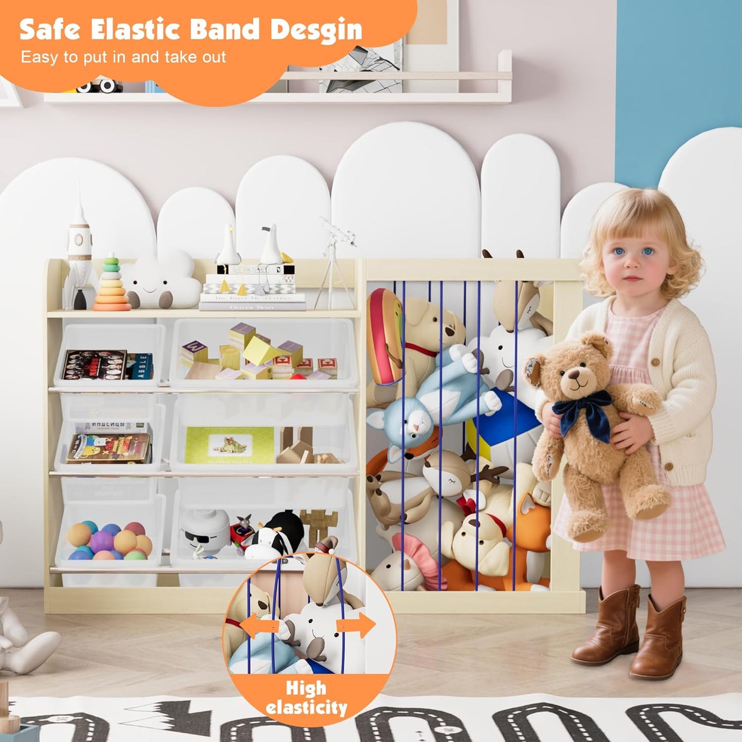 Kids Toy Storage Organizer with 6 Removable Plastic Bins Toddler Montessori Bookshelf with Stuffed Animal Net Holder Baby Bookcase Plush Organizer for Playroom,Bedroom,Kids Room,Classroom