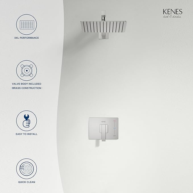 KENES Modern Brushed Nickel Shower Faucet, Square Shower Trim Kit with Single-Spray Shower Head, Shower Trim Systems Wall Mount, KE-6024B (Shower Valve Included)