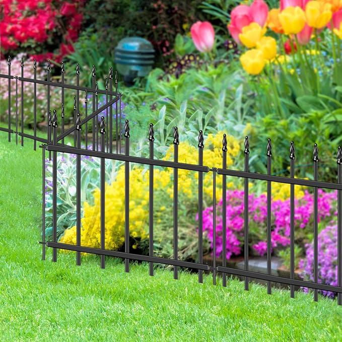 Decorative Metal Garden Fence 18 in H x 10 ft L, Small Border Roman Column Deco, Barrier Fencing for Yard Flower Bed Lawn Landscape Outdoor, 5 Panels + 6 Stakes Black