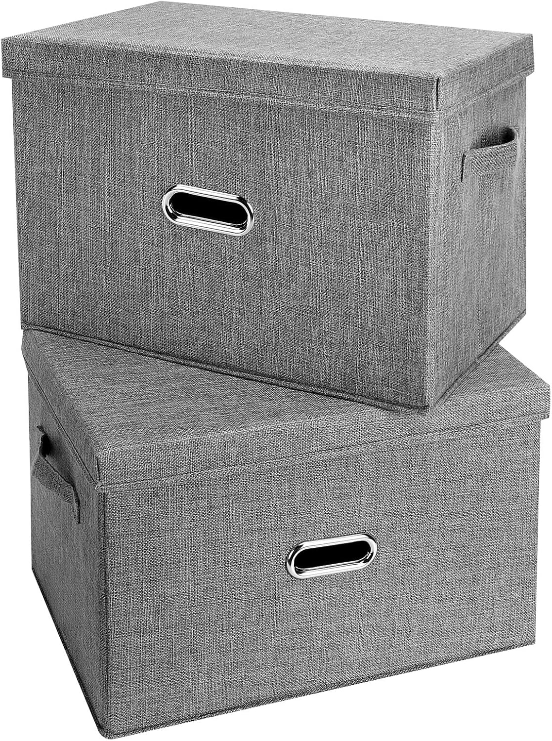 Large Linen Fabric Foldable Storage Bins with Removable Lid and Handles, Washable Storage Box Organizer Containers Baskets Cube with Cover for Bedroom,Office (Grey, Small(2-Pack))