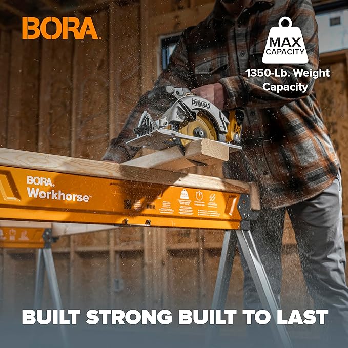 BORA Workhorse Saw horses 2 pack Folding Heavy Duty Legs, Metal Saw horse with 2x4 Bracket Built in Bottle Opener Professional Saw Horse for Woodworking Carpenters Contractors PM-3350T