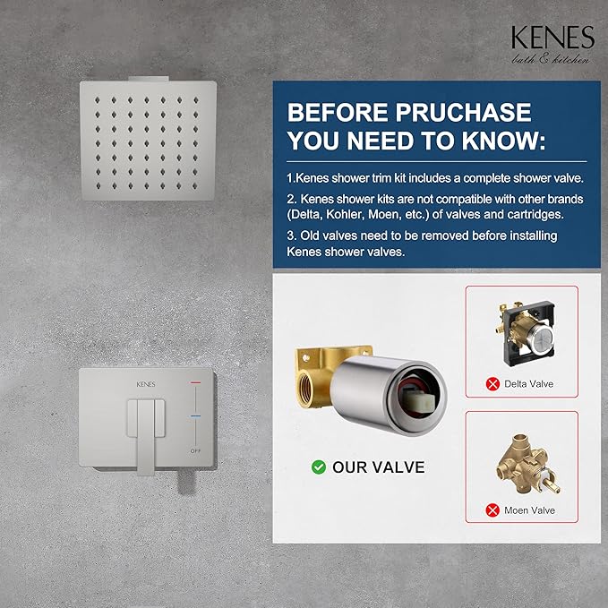 KENES Modern Brushed Nickel Shower Trim Kit, Square Shower Faucet with Single-Spray Stainless Rain Shower Head, Shower Trim Systems Wall Mount, KE-6025B (Shower Valve Included)